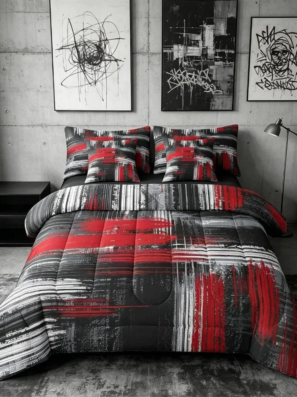 Red Black, Grey Comforter Set with Sheets Queen Size, Abstract Graffiti Art 7 Pi